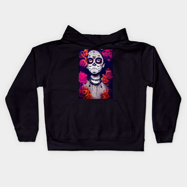 Dia de Los Muertos, Day of the Dead Catrina with pink and orange flowers Kids Hoodie by Hector Navarro